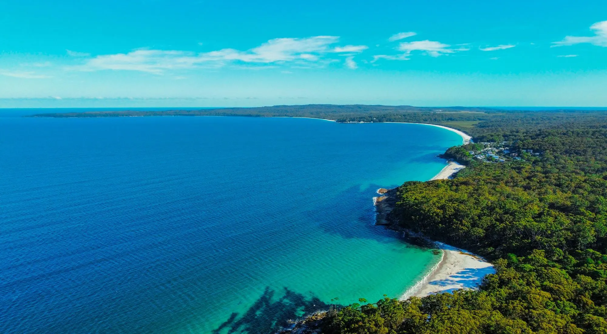 Aerial view of the Jervis Bay coastline at Vincentia, served by Clevs private transfers from Nowra